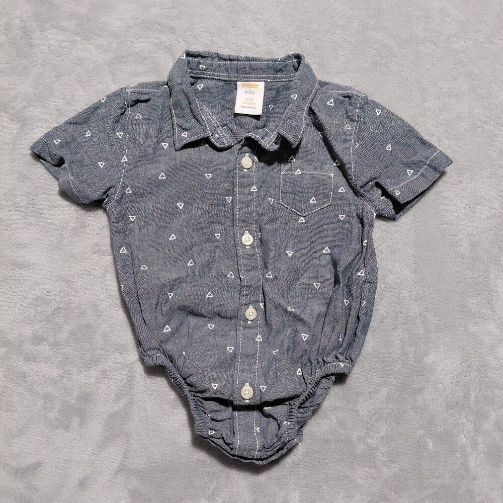 Gymboree 6-12M Button Down Cotton Bodysuit Blue w/ Geometric Print